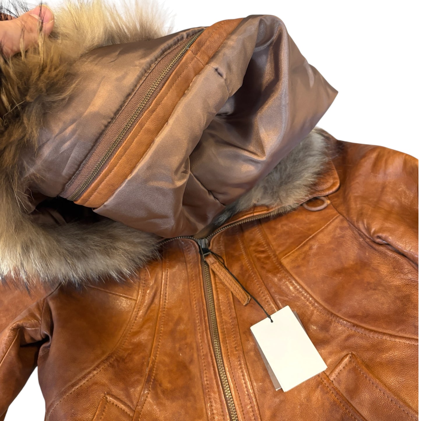 Goa tan lambskin leather flight jacket w raccoon fur hood