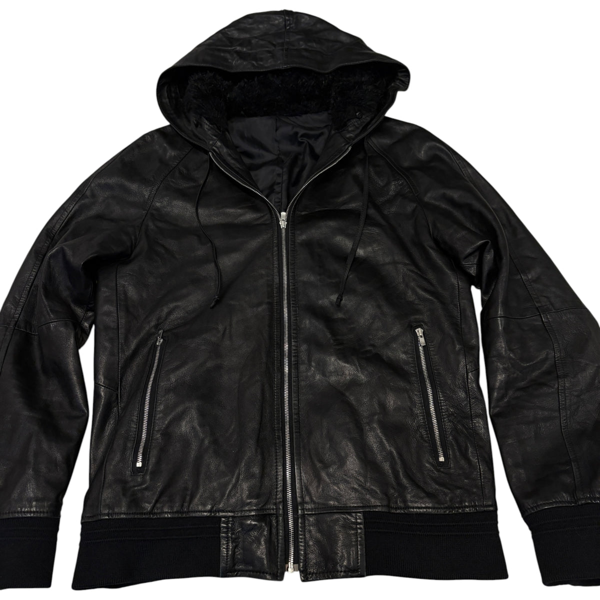 Abahouse black lambskin leather jacket w/ raccoon fur boa lined hood