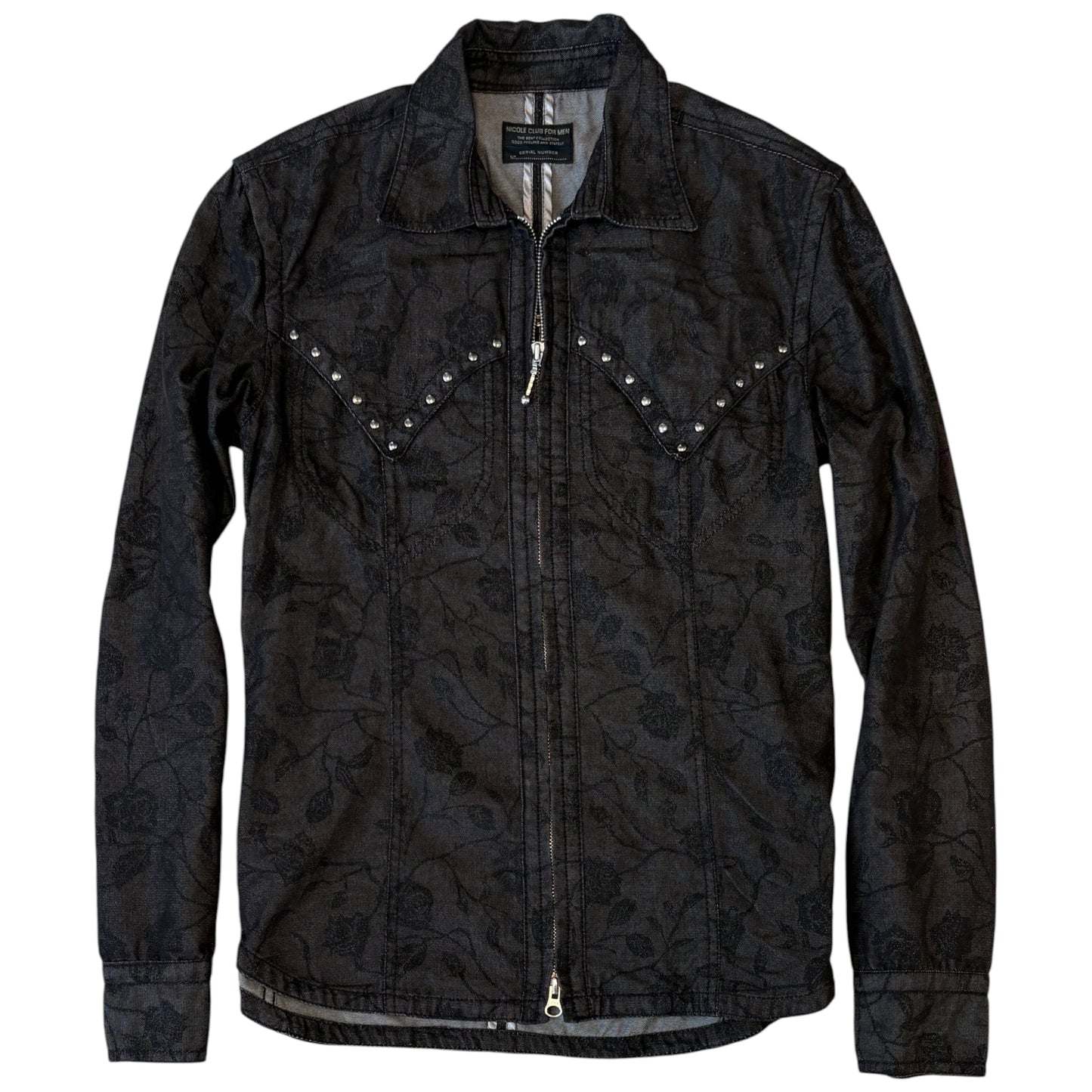Nicole Club black floral print denim longsleeve shirt jacket w/ pyramid stud detailing