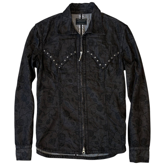 Nicole Club black floral print denim longsleeve shirt jacket w/ pyramid stud detailing