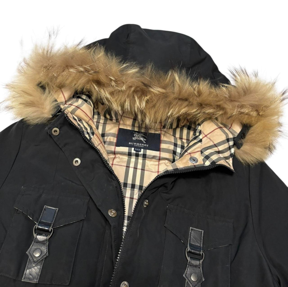 Burberry quilted utility pocket raccoon fur hood down puffer jacket