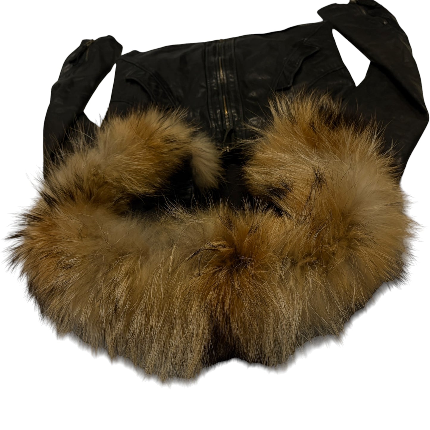 Goa black lambskin leather flight jacket w/ raccoon fur hood