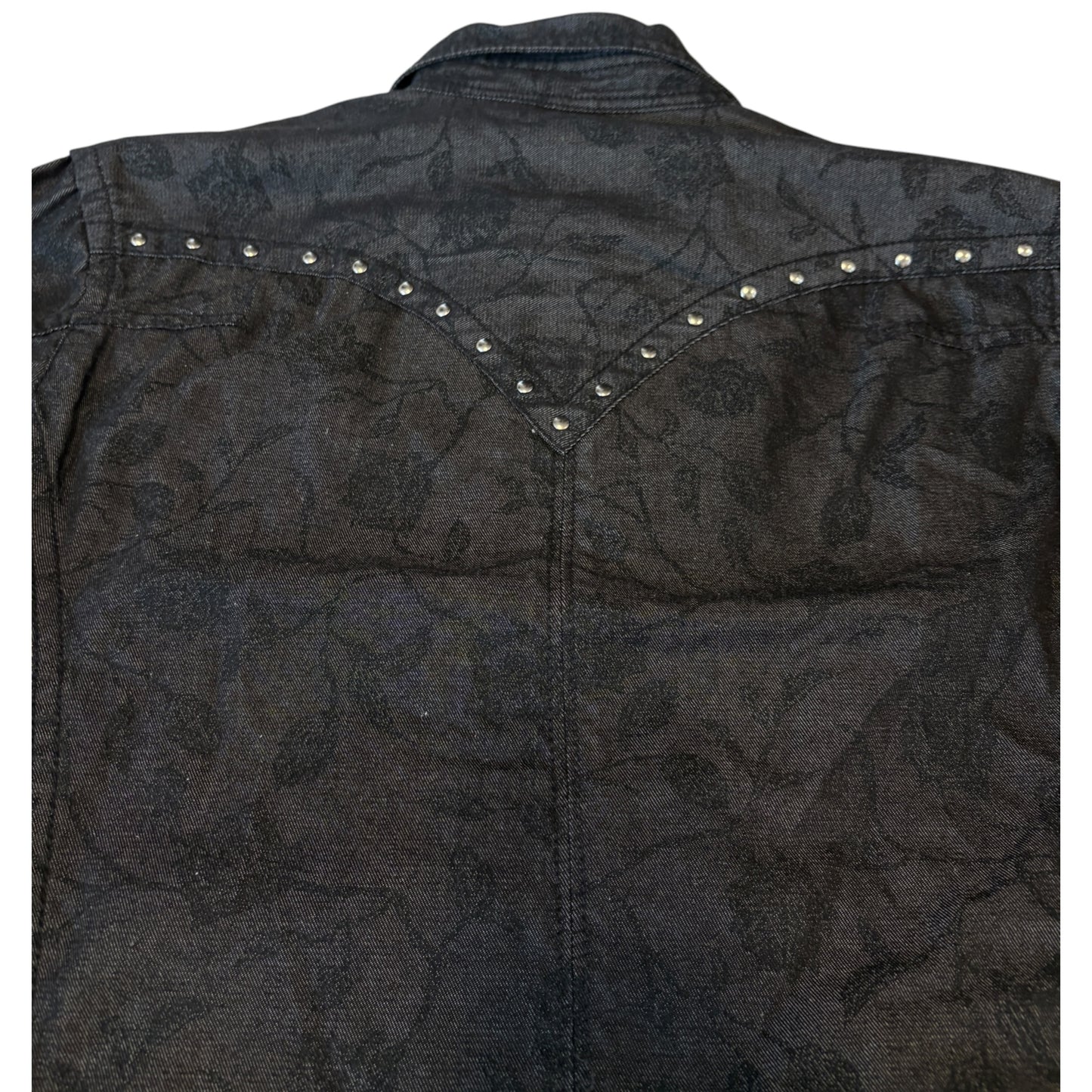 Nicole Club black floral print denim longsleeve shirt jacket w/ pyramid stud detailing