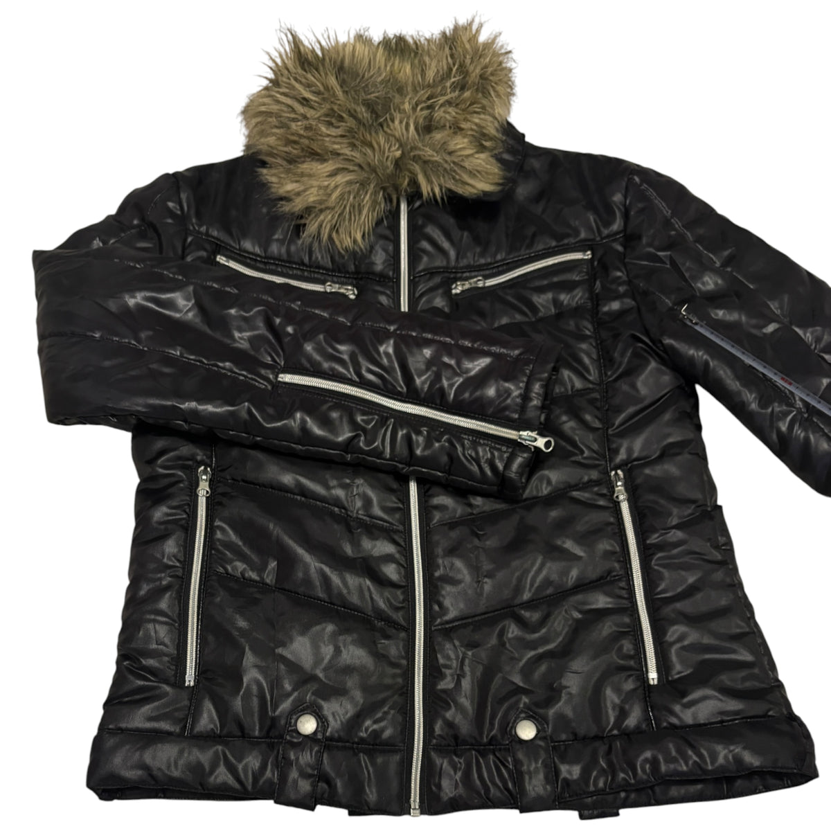 Japanese brand black faux fur 2-way collared puffer jacket