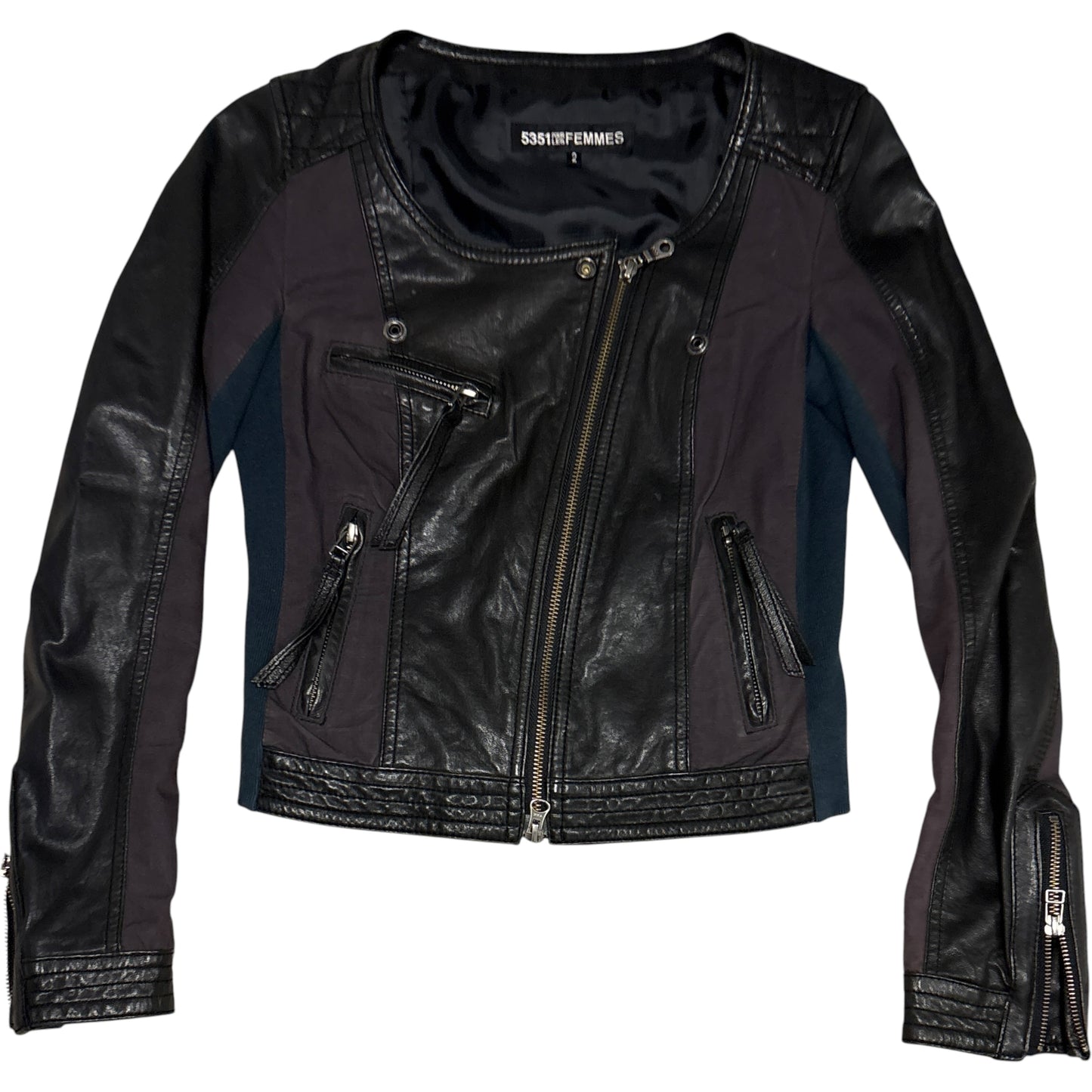 5351 Pour Les Femmes asymmetric cotton ribbed black purple teal lambskin leather jacket