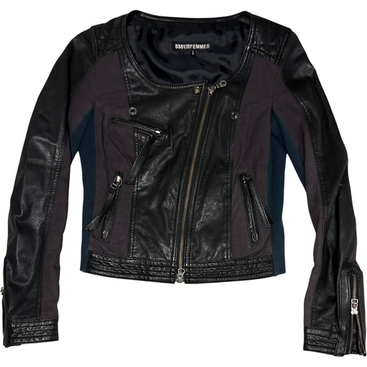 5351 Pour Les Femmes asymmetric cotton ribbed black purple teal lambskin leather jacket