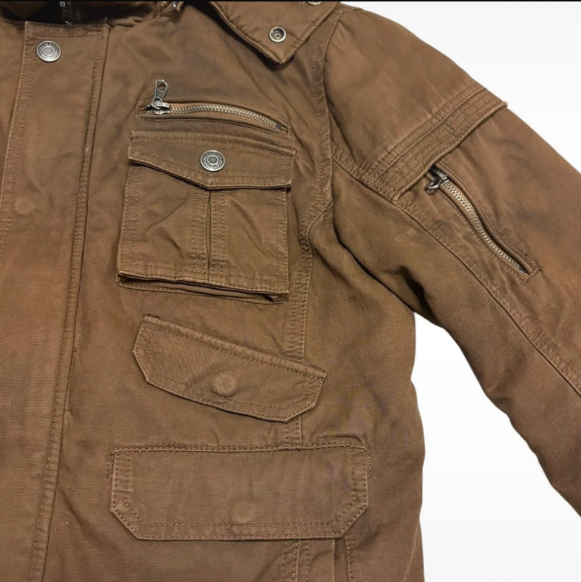 In The Attic brown fur hood brown tactical utility jacket