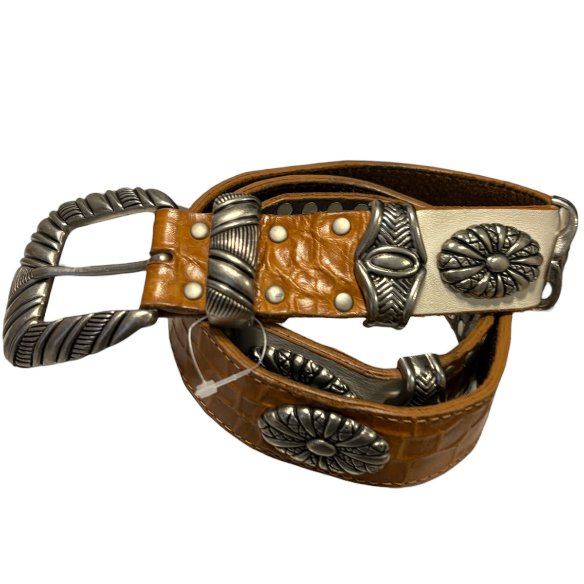 Tornado Mart brown embossed  leather belt w/ metal engraving and white leather detailing