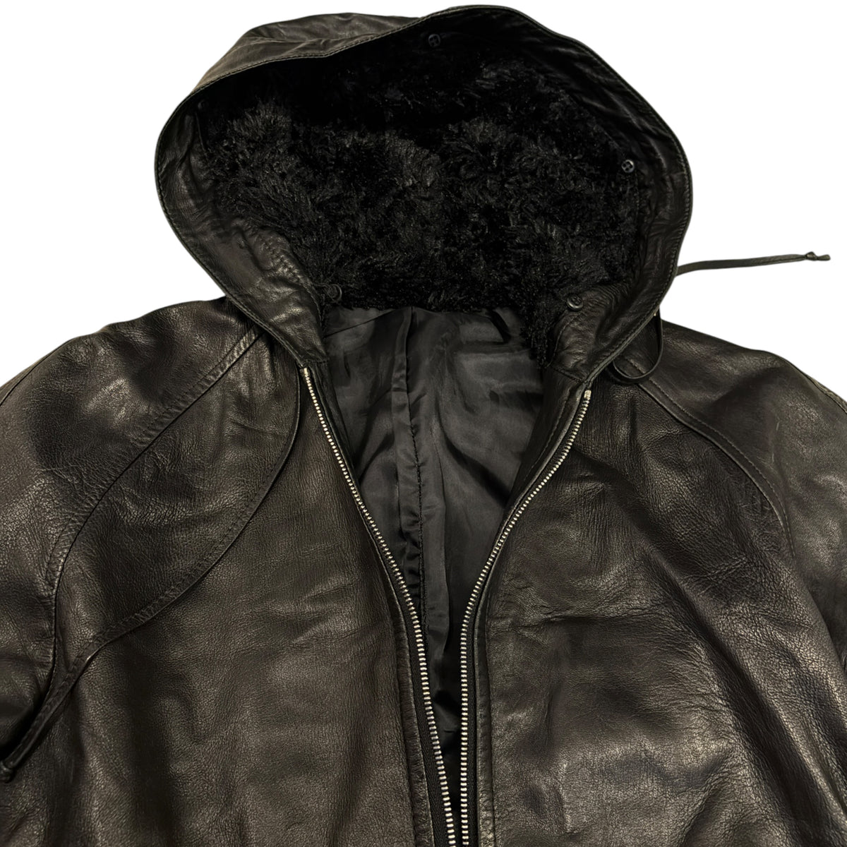 Abahouse black lambskin leather jacket w/ raccoon fur boa lined hood