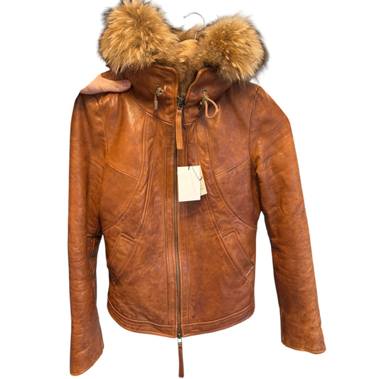 Goa tan lambskin leather flight jacket w raccoon fur hood