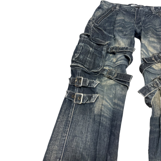 Lowbox blue utility cargo bondage denim jeans