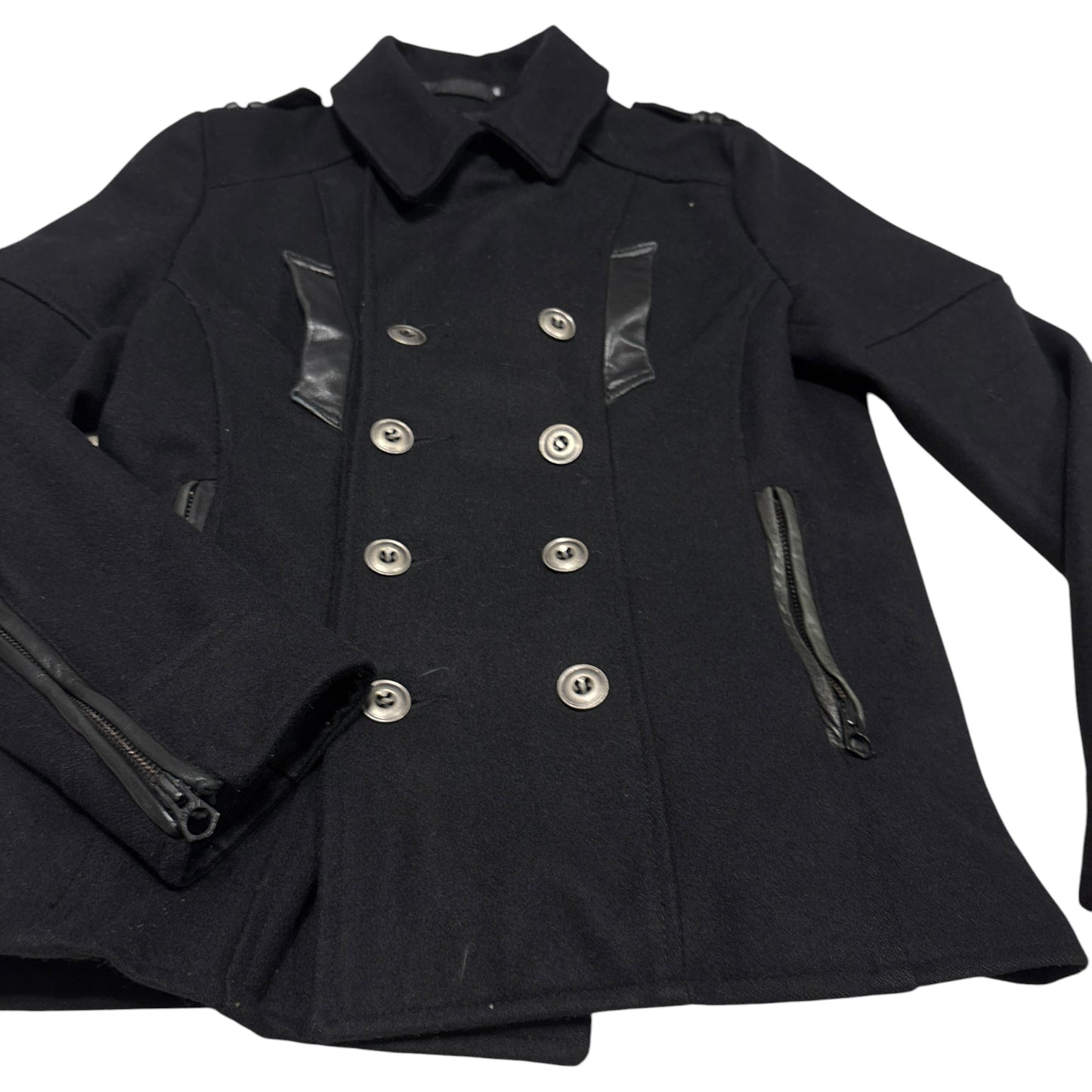 Fuga double breasted pea jacket w/ ram leather hardware and shoulder pads