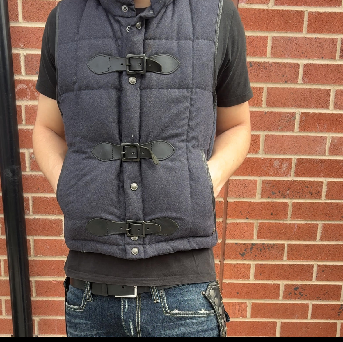 Mihara Yasuhiro navy wool gilet duffle latch jacket w cotton sides