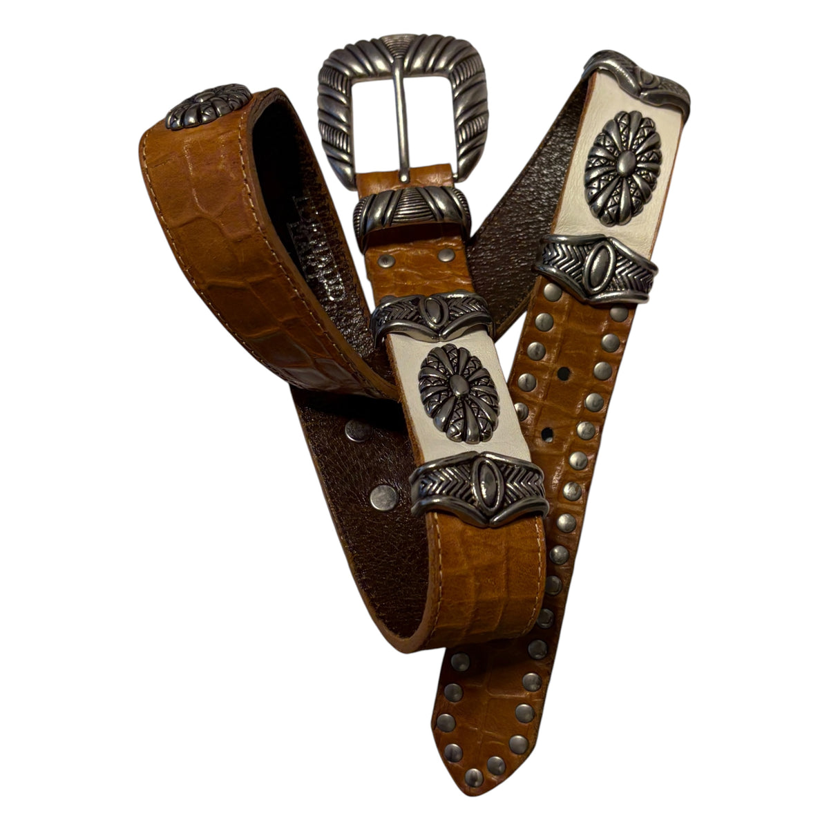 Tornado Mart brown embossed  leather belt w/ metal engraving and white leather detailing