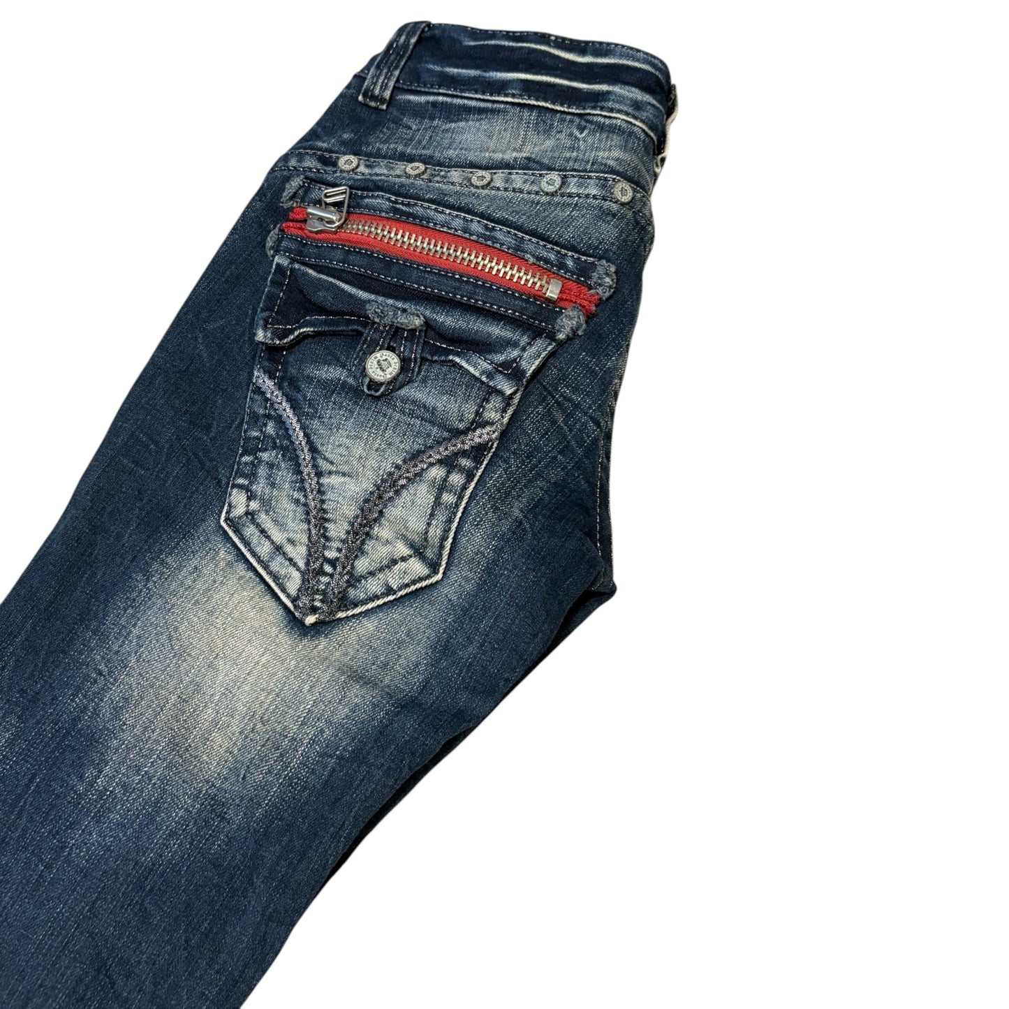 Japanese brand blue fade wash bootcut denim jeans
