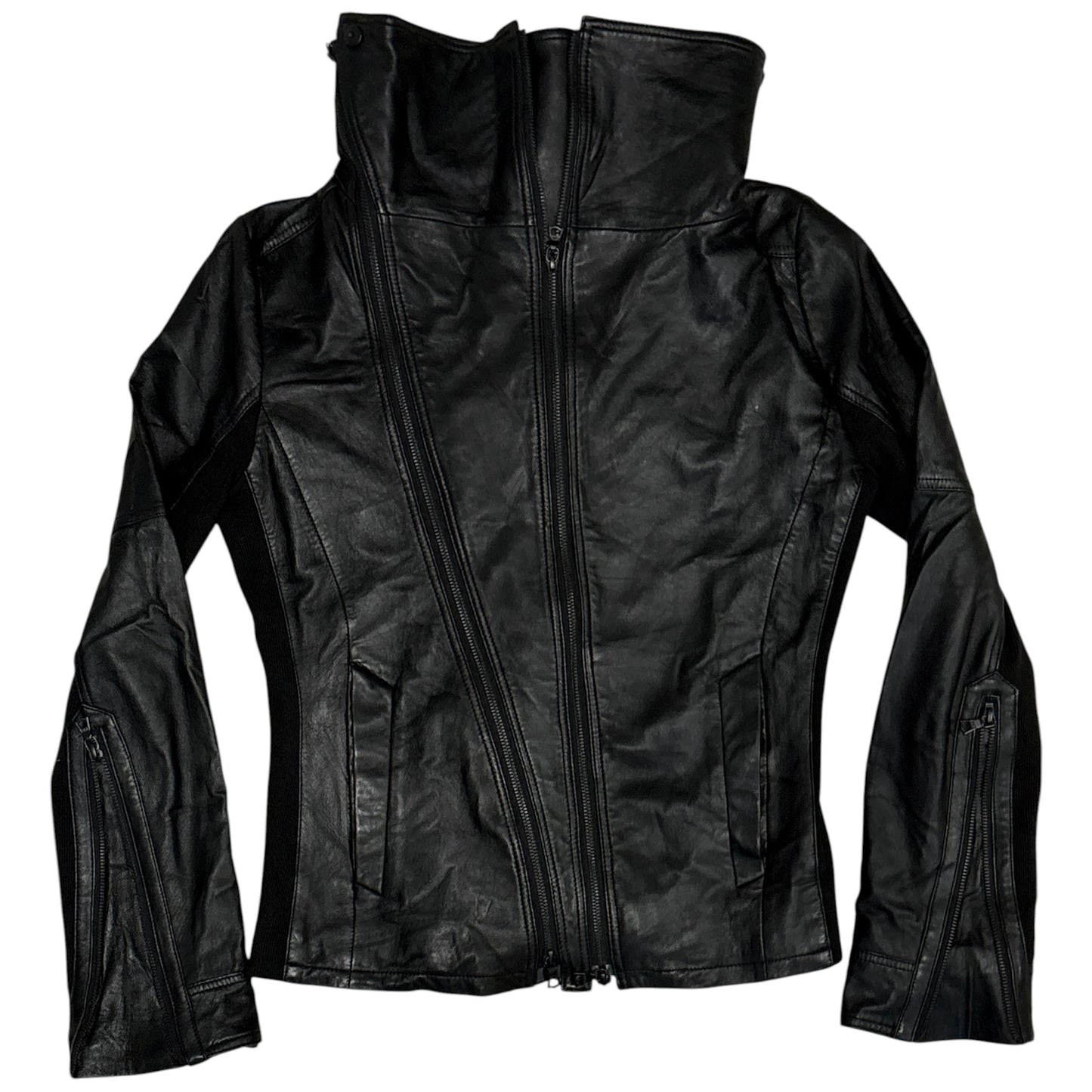 No ID 11AW asymmetric lambskin leather jacket w cotton ribbing & high neck, RRP £500