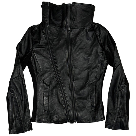 No ID 11AW asymmetric lambskin leather jacket w cotton ribbing & high neck, RRP £500
