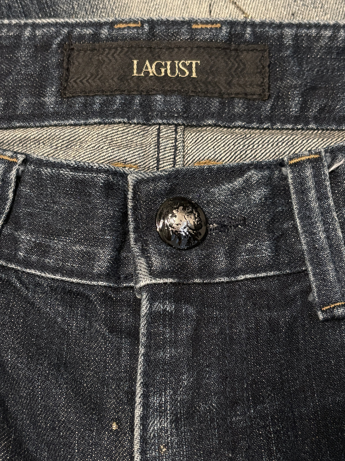 Lagust blue distressed painted bootcut jeans