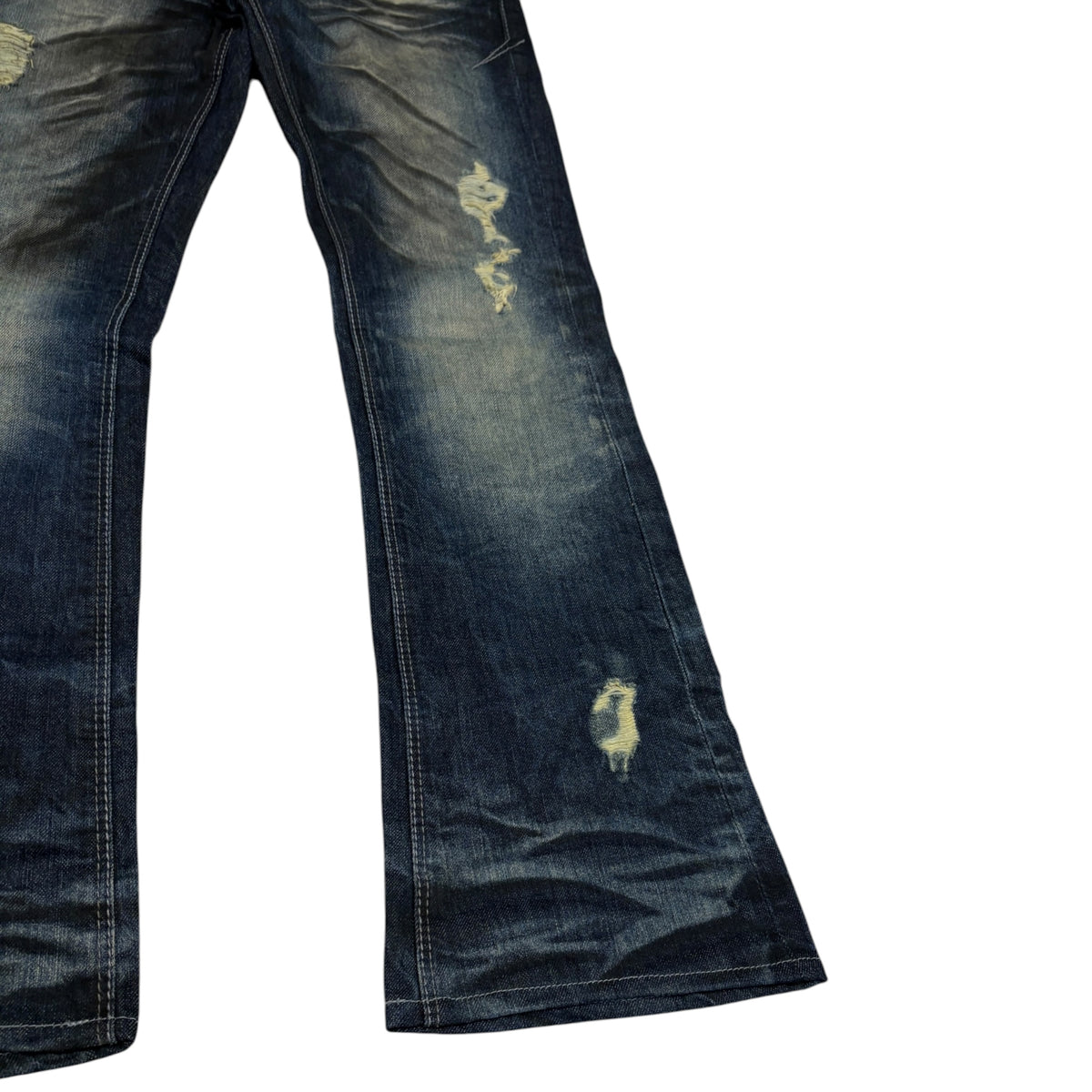 Fuga claw mark navy fade wash whiskered bootcut denim jeans
