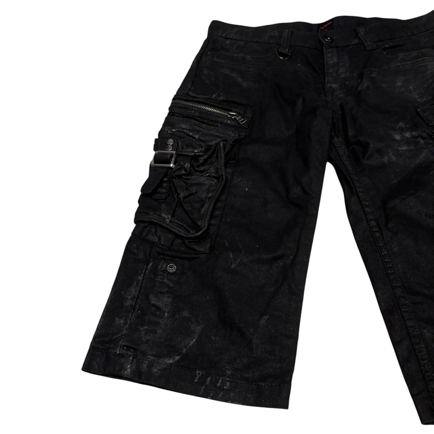 Jackrose waxed cargo light denim shorts w utility zips & buckles