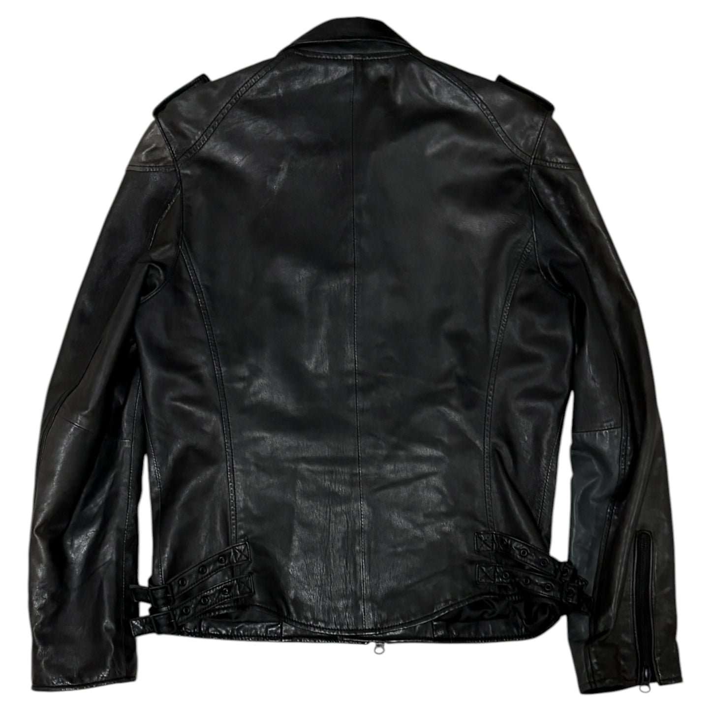 PPFM asymmetric lightweight aged lambskin leather jacket w multizip detailing