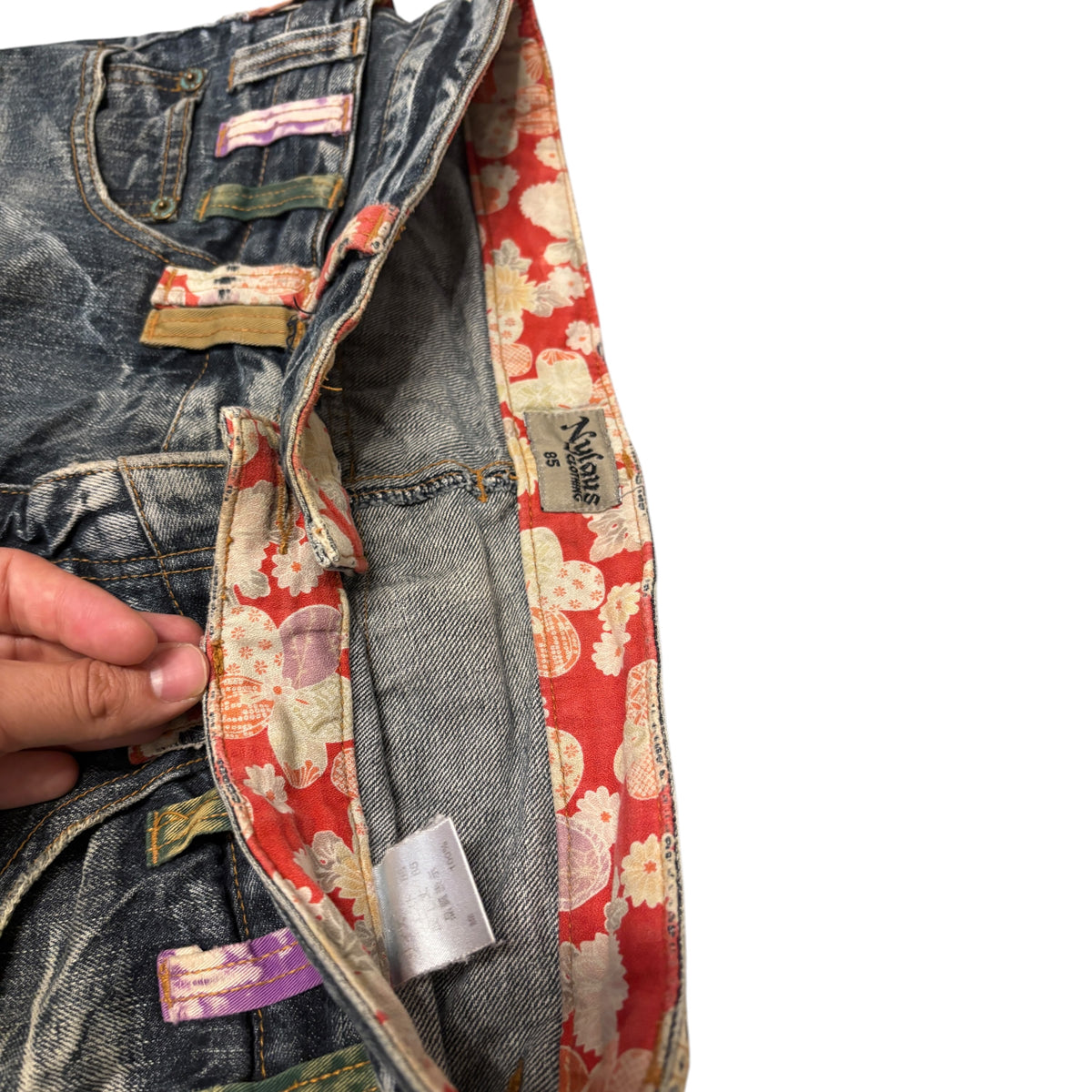 Japanese brand blue grey double waisted cherry blossom floral design belt loops denim jeans
