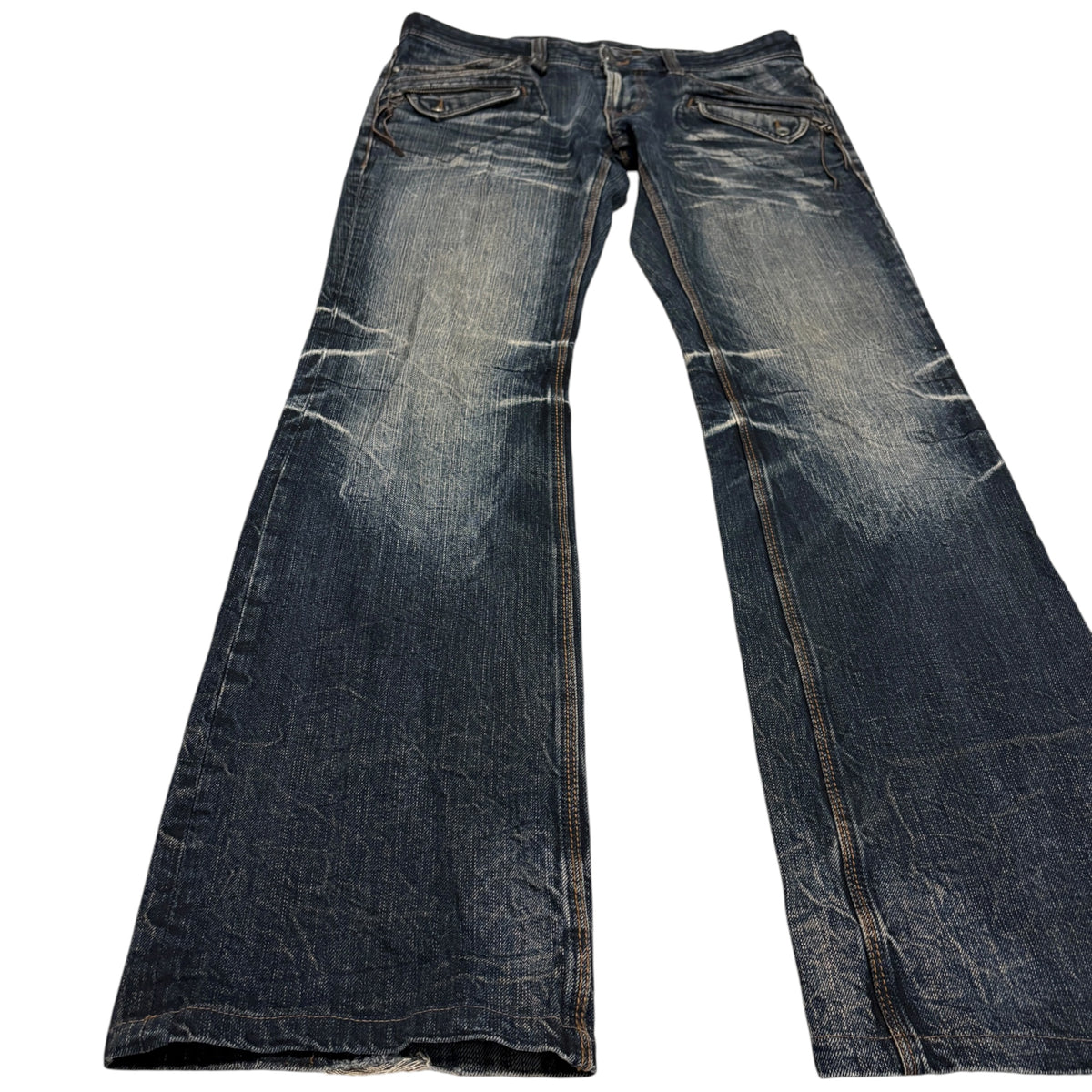 Nicole Club blue streaked whiskered bootcut denim neans