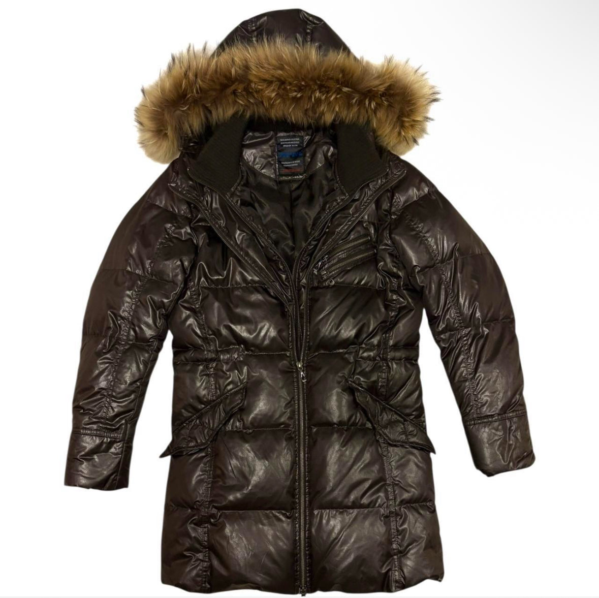 Nicole Club brown raccoon fur hood long down jacket