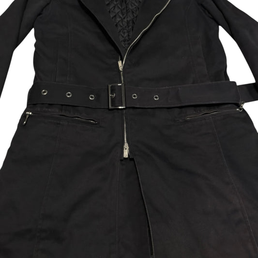 5351 Pour Les Hommes black fur collared belted light denim trench coat