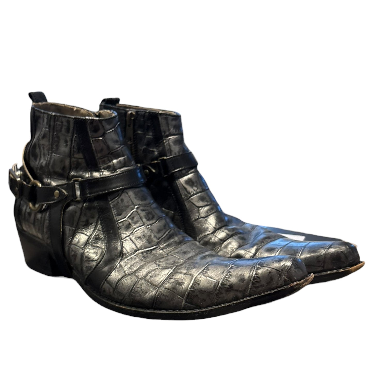 Tornado Mart crocodile print harness buckle leather dress heeled boots