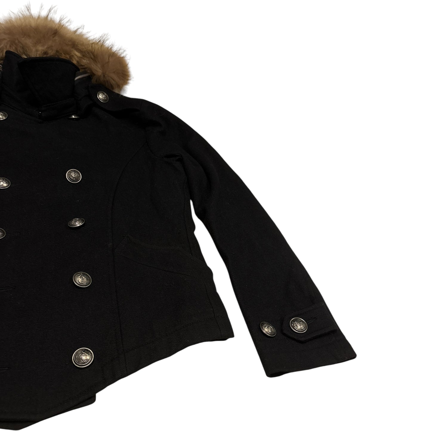 PPFM double breasted napoleon pea coat w/ raccoon fur trim
