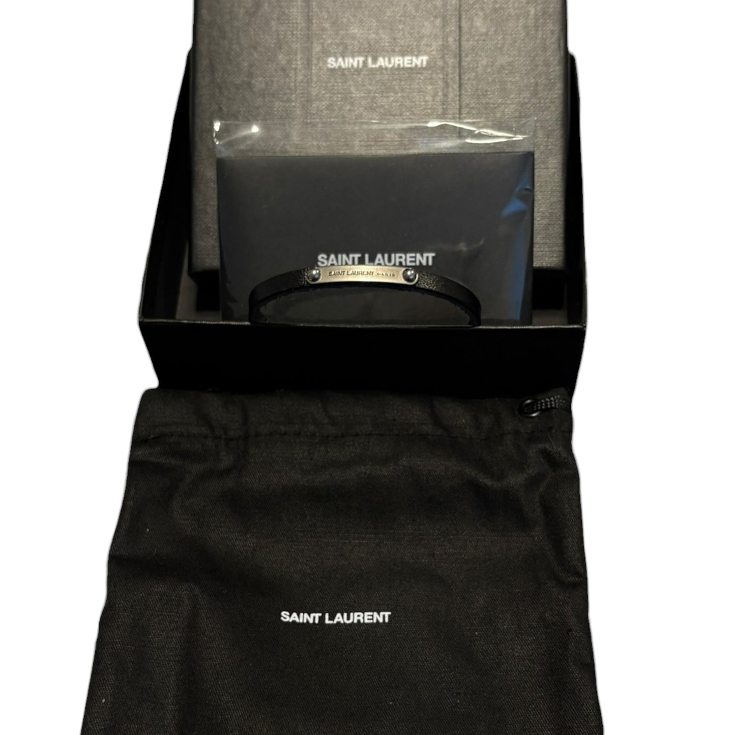 Saint Laurent old season leather wrap bracelet w metal engraving