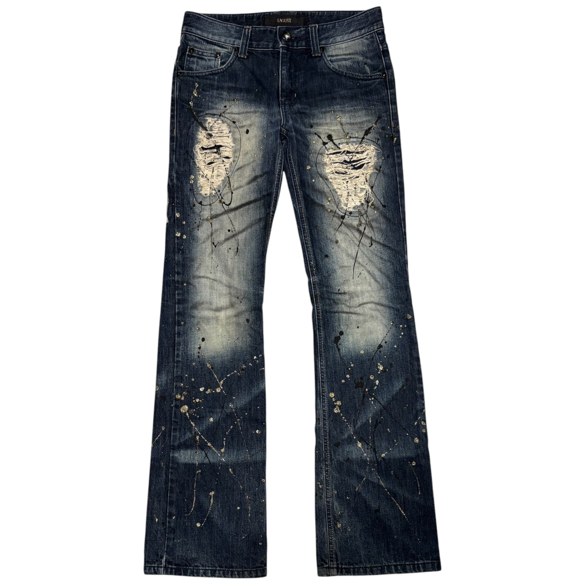 Lagust blue distressed painted bootcut jeans
