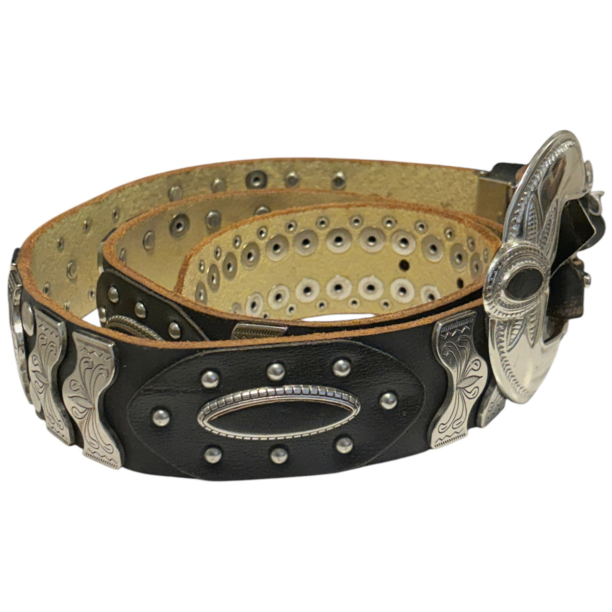 Japanese brand Diavlo studded western cowboy style leather belt w/ metal engravings