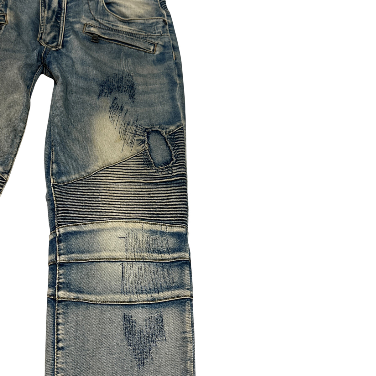 In The Attic lightweight blue distressed biker denim jeans