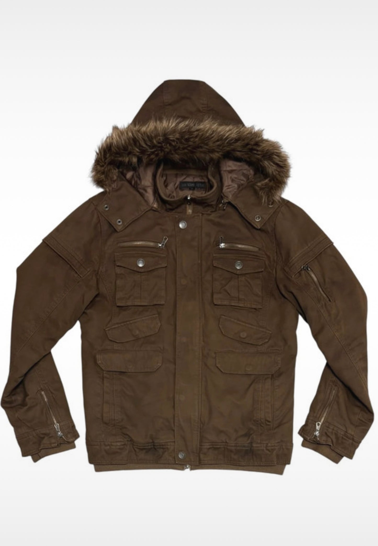 In The Attic brown fur hood brown tactical utility jacket