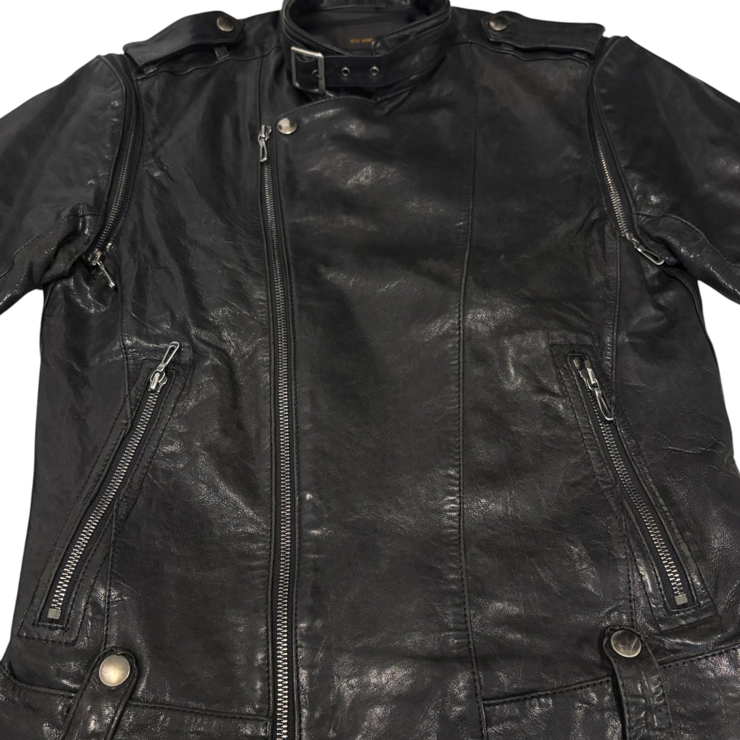 Tete Homme asymmetric lambskin leather multizip biker jacket