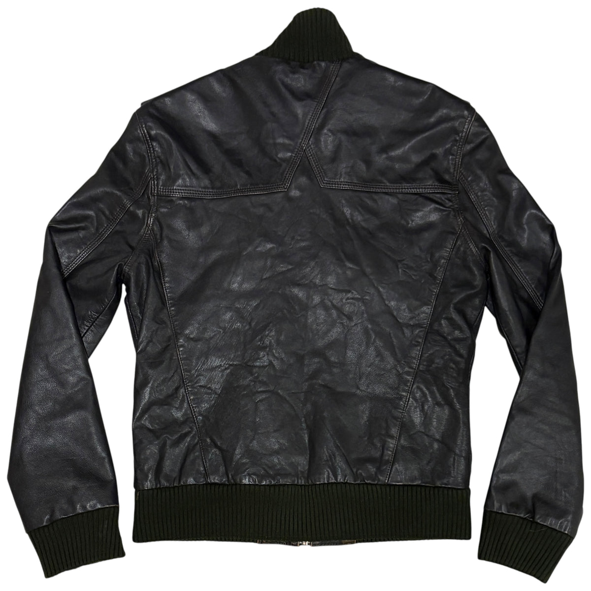 Tom Wolfe black leather biker jacket with green cotton fleece ends