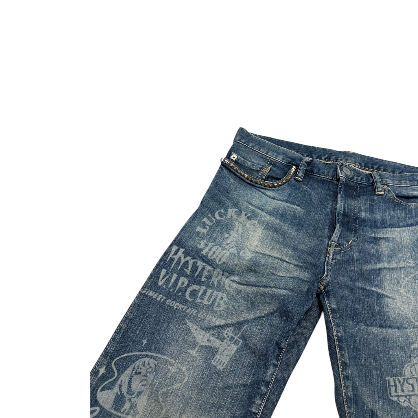 Hysteric Glamour 'V.I.P Club' fade wash studded pocket denim jeans