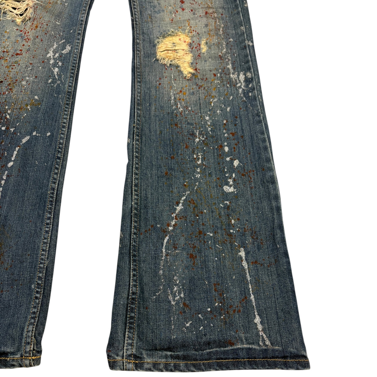 Xfrm blue distressed bootcut denim painted shine effect jeans