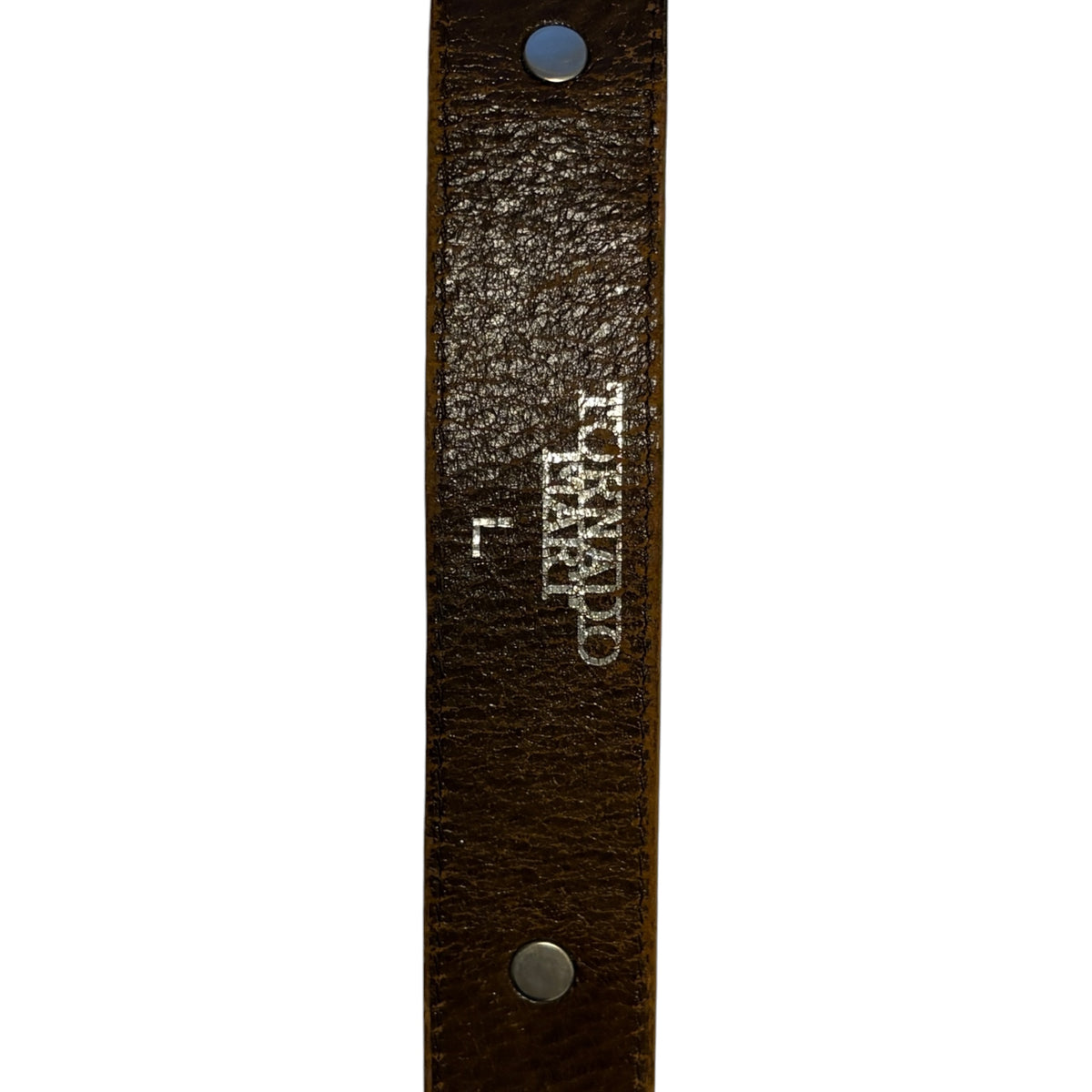 Tornado Mart brown embossed  leather belt w/ metal engraving and white leather detailing