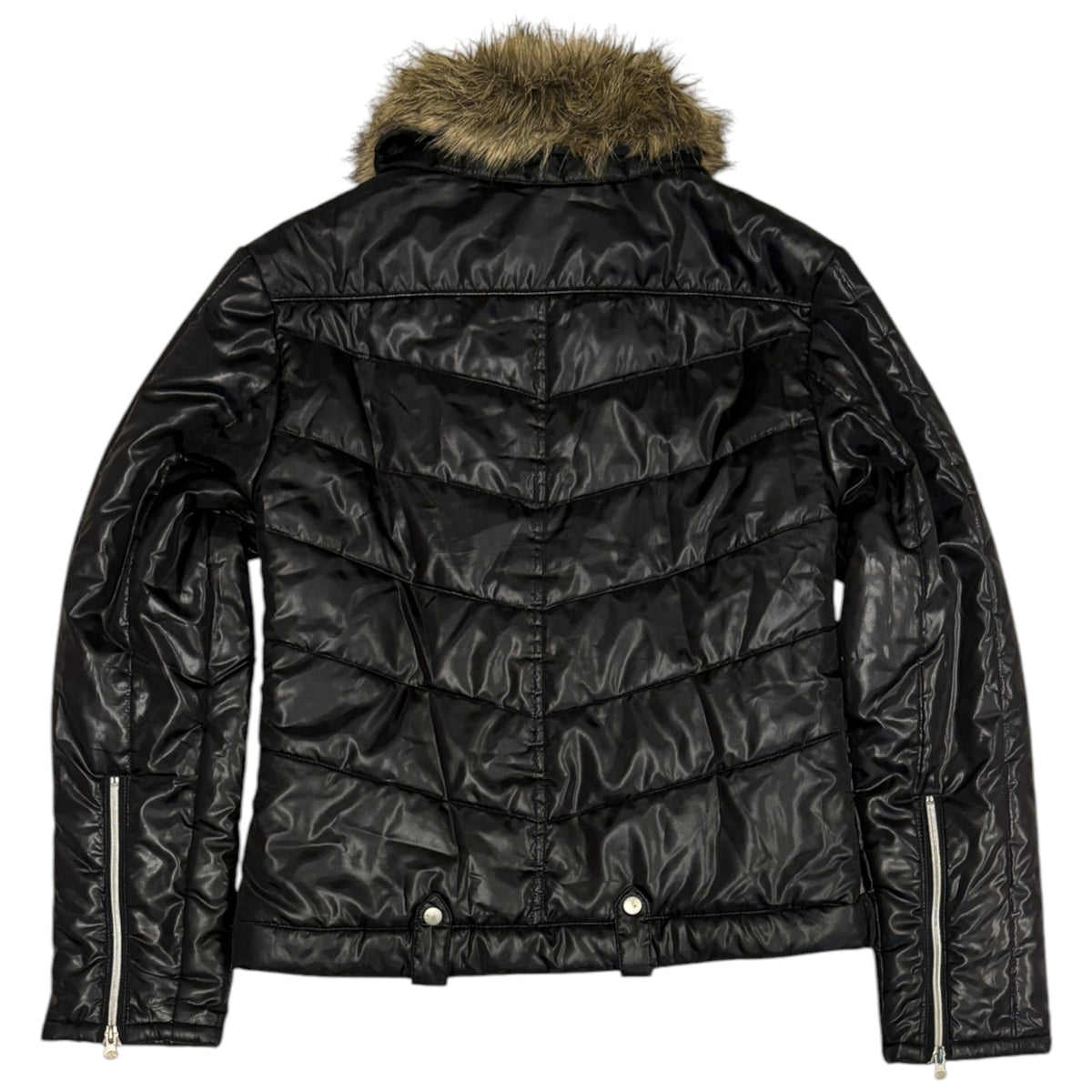 Japanese brand black faux fur 2-way collared puffer jacket