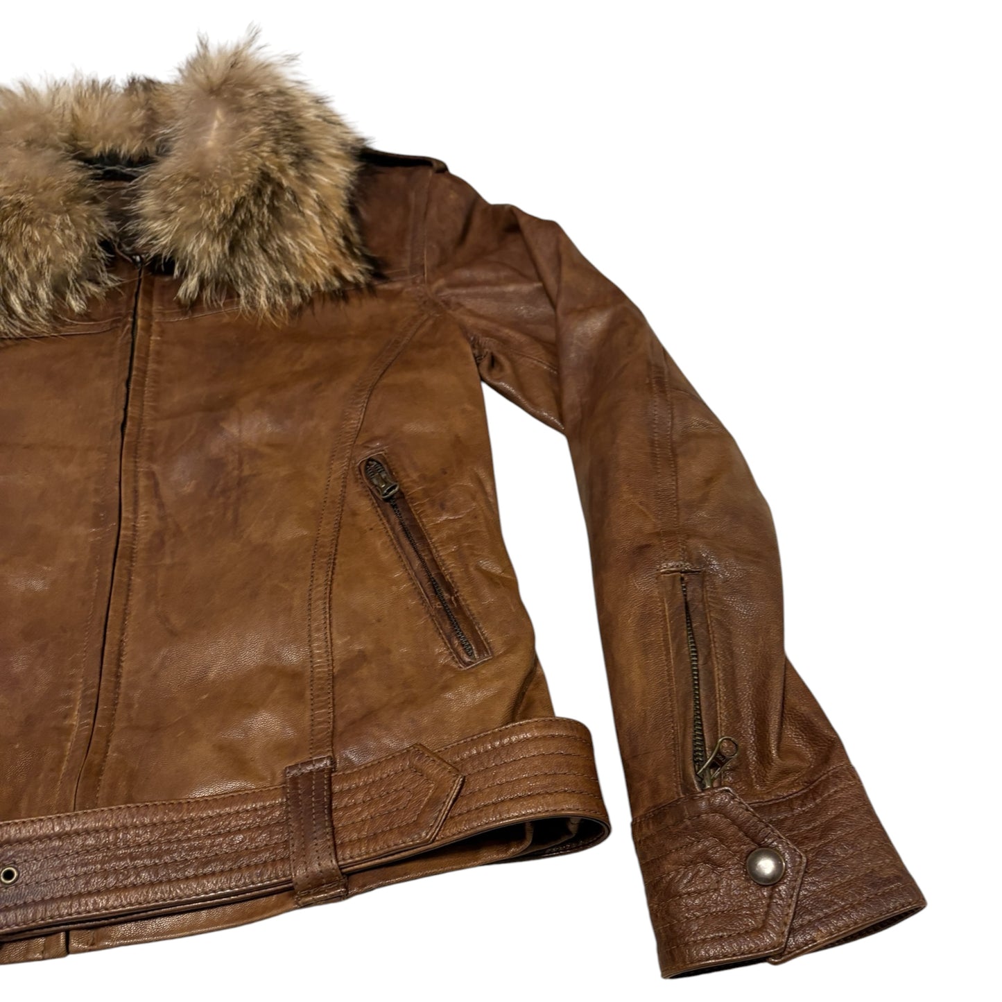 Tete Homme brown goat leather jacket w zips & removable belt & raccoon fur collar