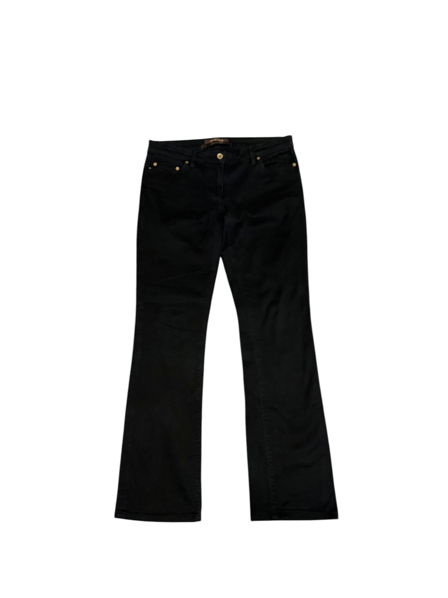 Roberto Cavalli black bootcut jeans with gold hardware