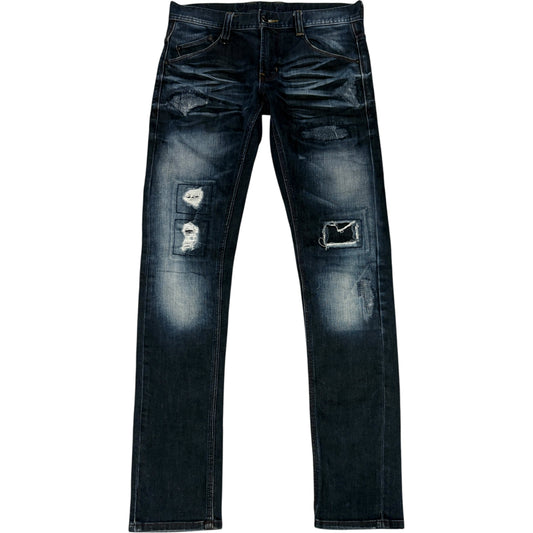 Nicole Club distressed repaired patches dark blue denim jeans