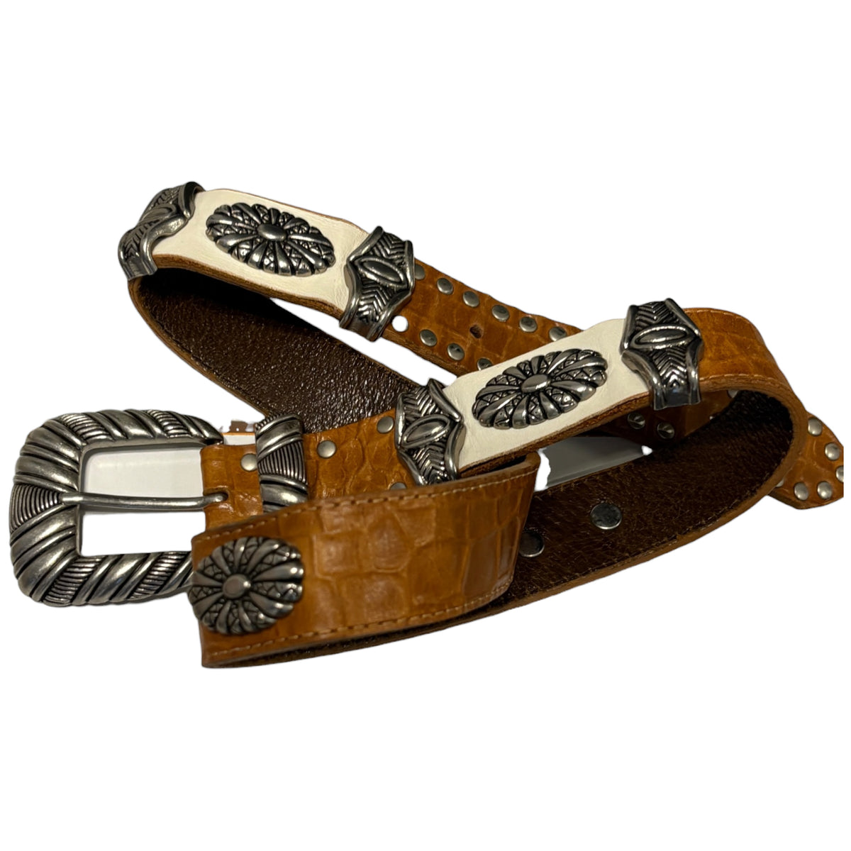 Tornado Mart brown embossed  leather belt w/ metal engraving and white leather detailing
