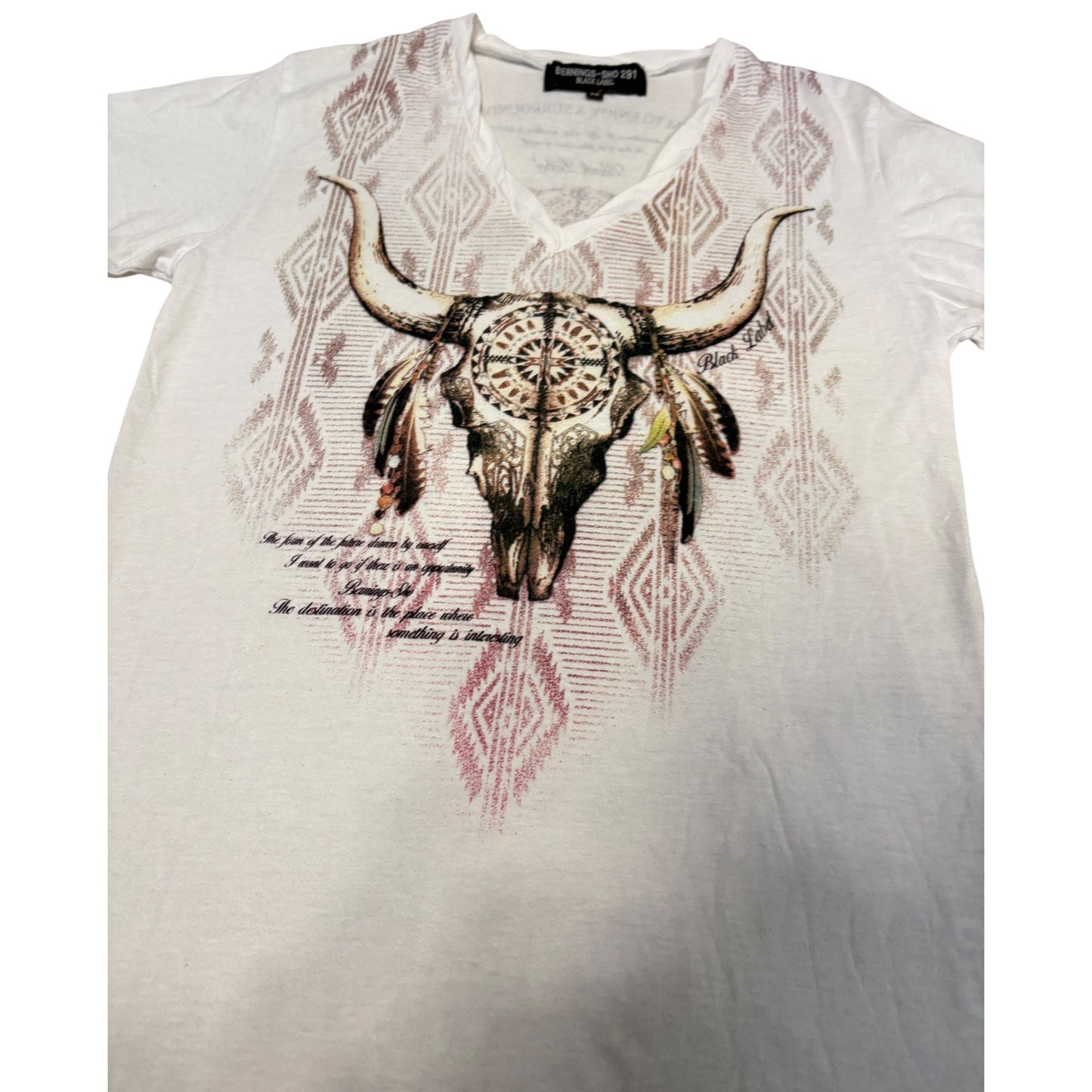 Bernings Sho bull skull native Indian print V-neck T-shirt