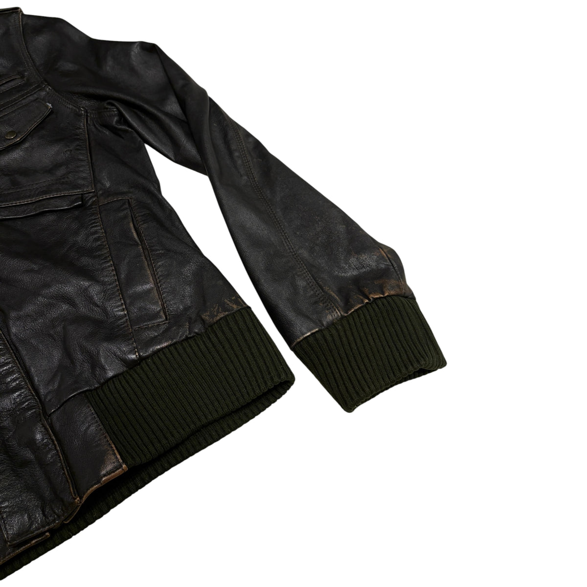 Tom Wolfe black leather biker jacket with green cotton fleece ends