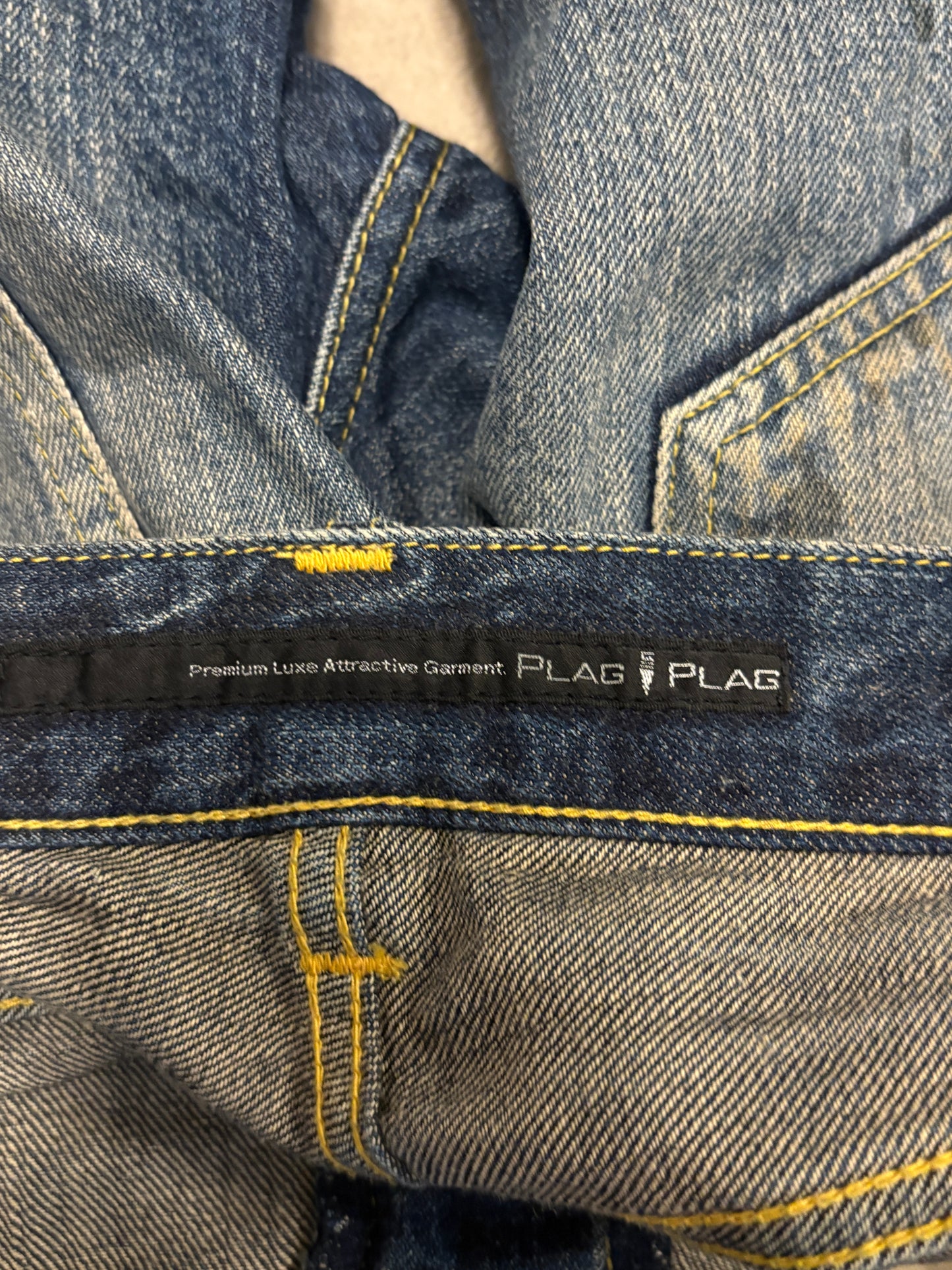 Japanese brand Plag distressed patchwork denim jeans