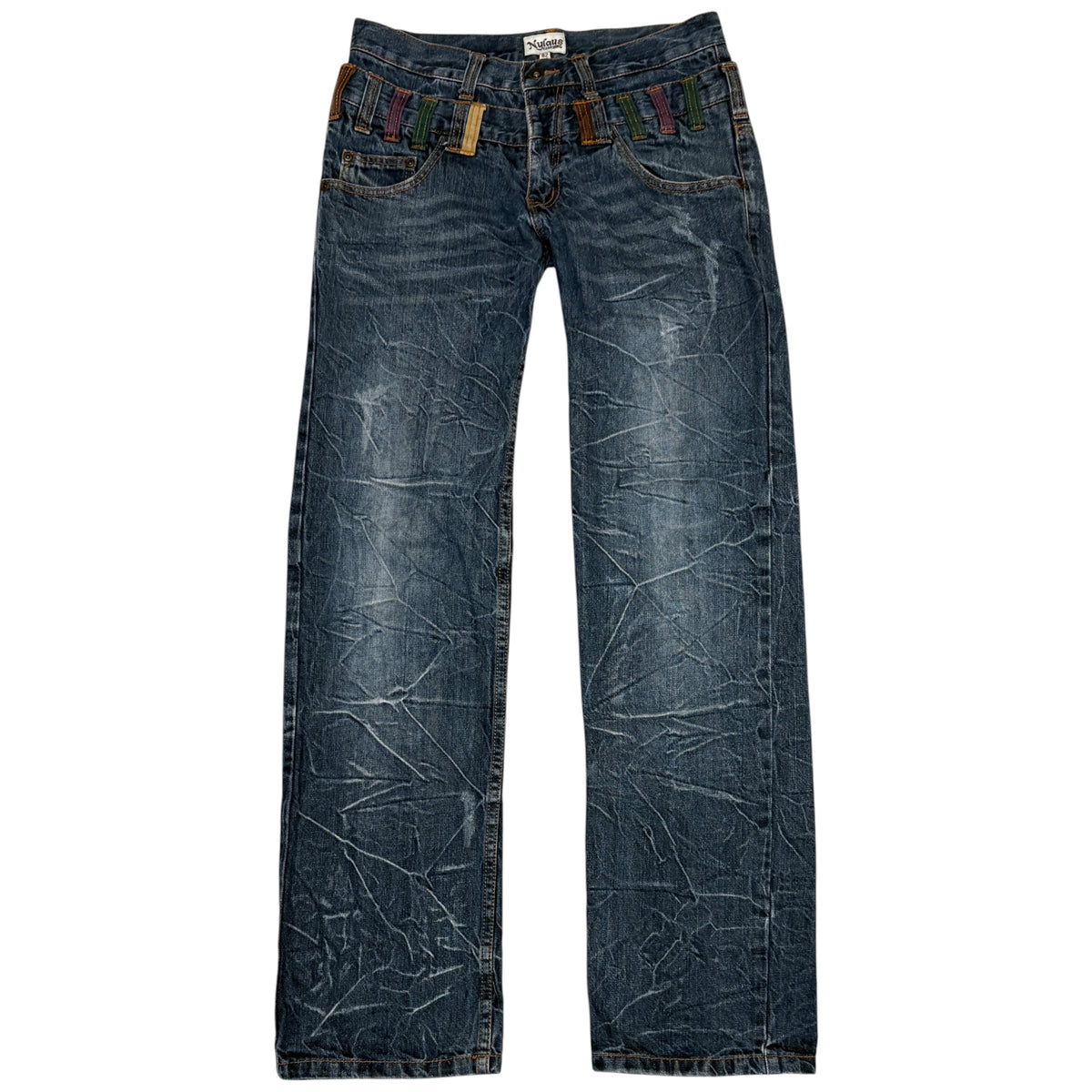 Japanese brand double waist honeycomb wash streaked denim jeans w/ multicolour belt loops